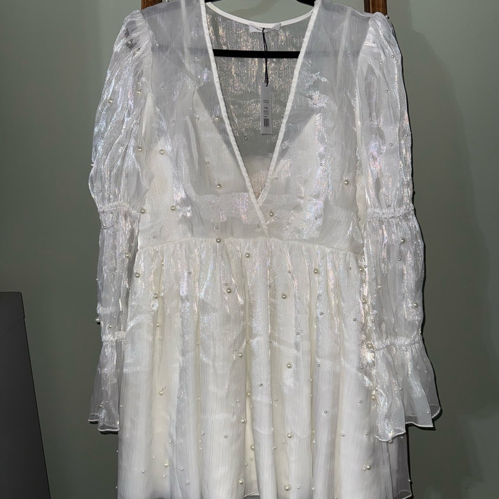 SHOWPO Ivory Pearl-Embellished V-Neck Mini Dress